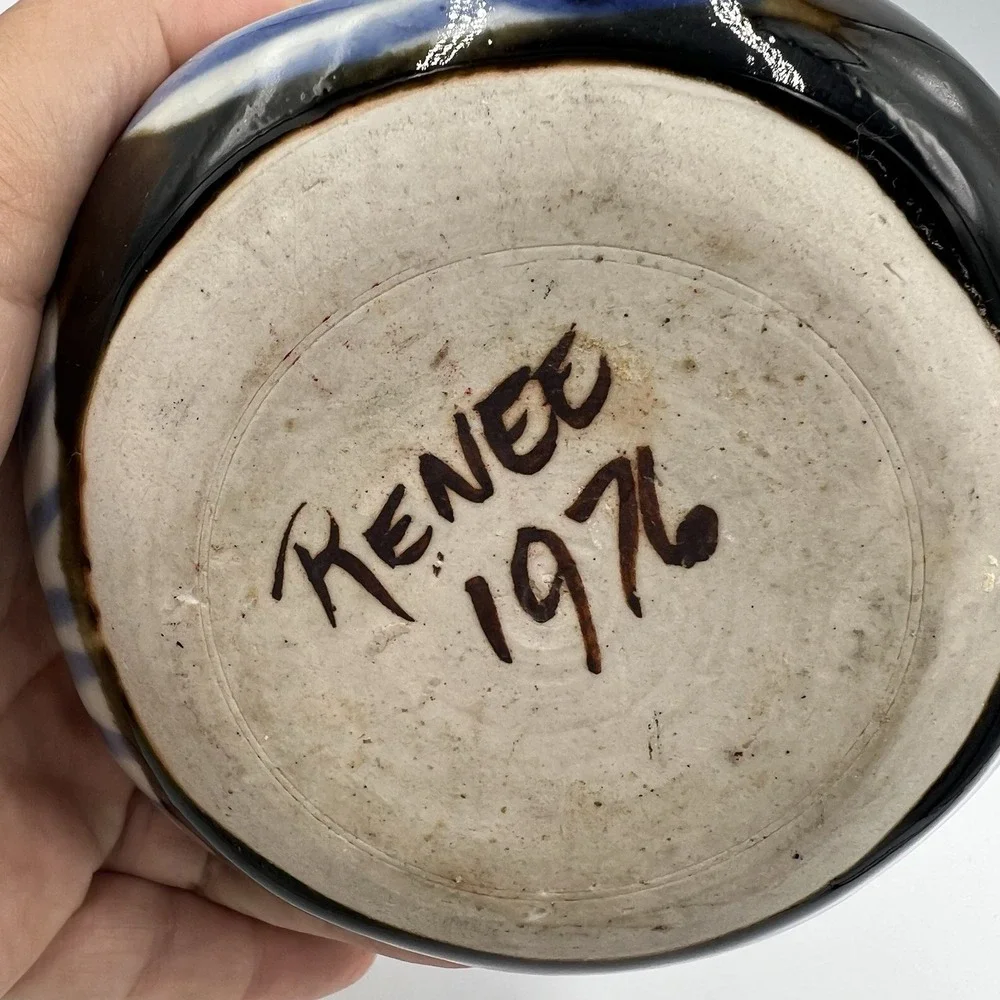 Vintage 1976 Studio Pottery Vase‎ Signed Renee Brown Blue Abstract 5.5